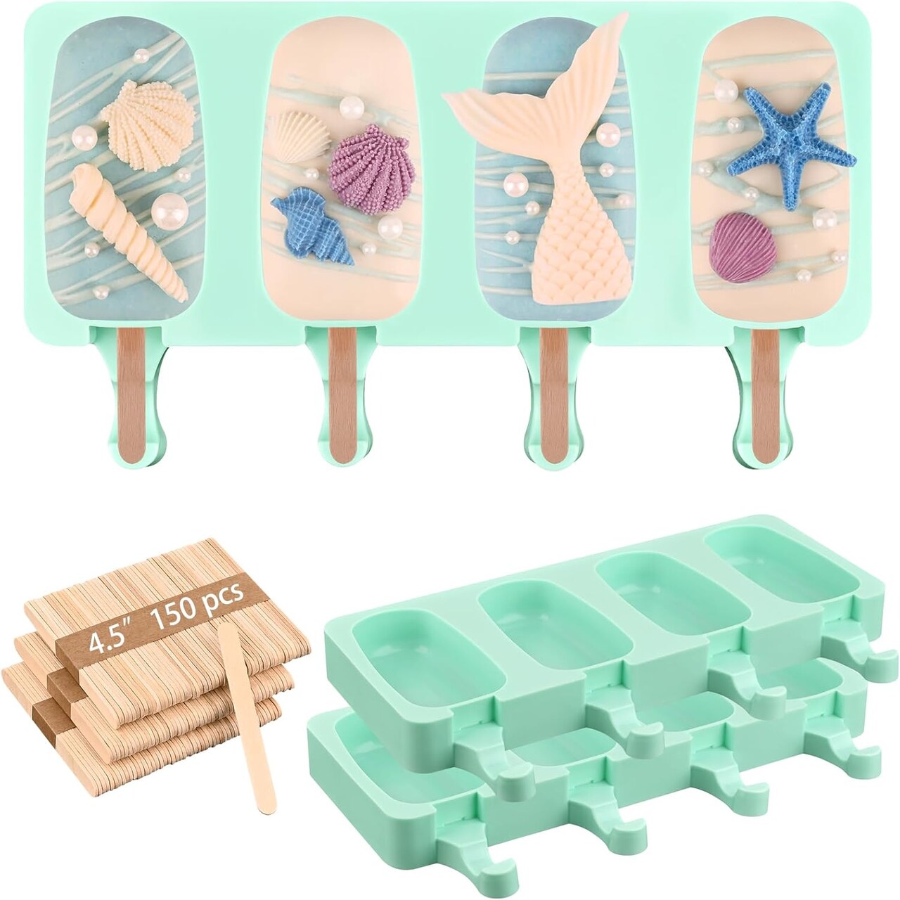 Large Silicone Popsicle Molds Set of 3 – Oval 4-Cavity Molds for Homemade Ice Pops, Cakesicles, and Cake Pops, Includes 150 Wooden Sticks (Green)
